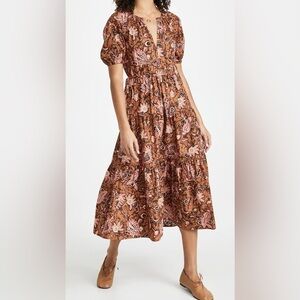 A.L.C. Mischa Midi Dress Size 10 NWOT Printed Puff Sleeve Cognac Coral Dress